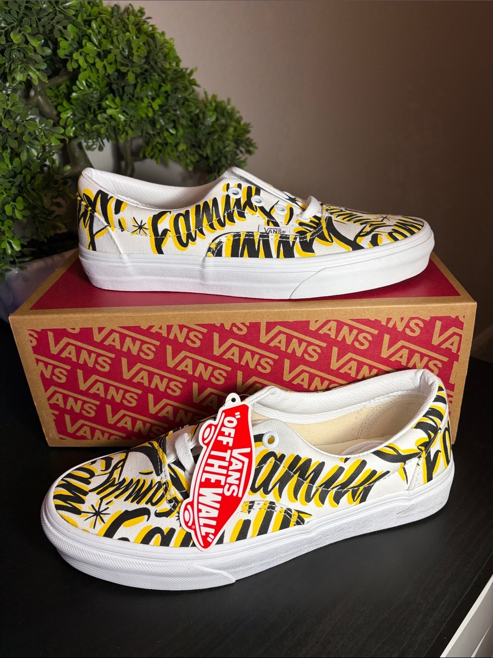NIB Vans Family Limited Edition White Yellow Black Script Sneakers